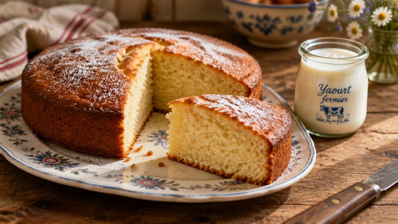 Gâteau au yaourt fait maison coupé sur une assiette ancienne