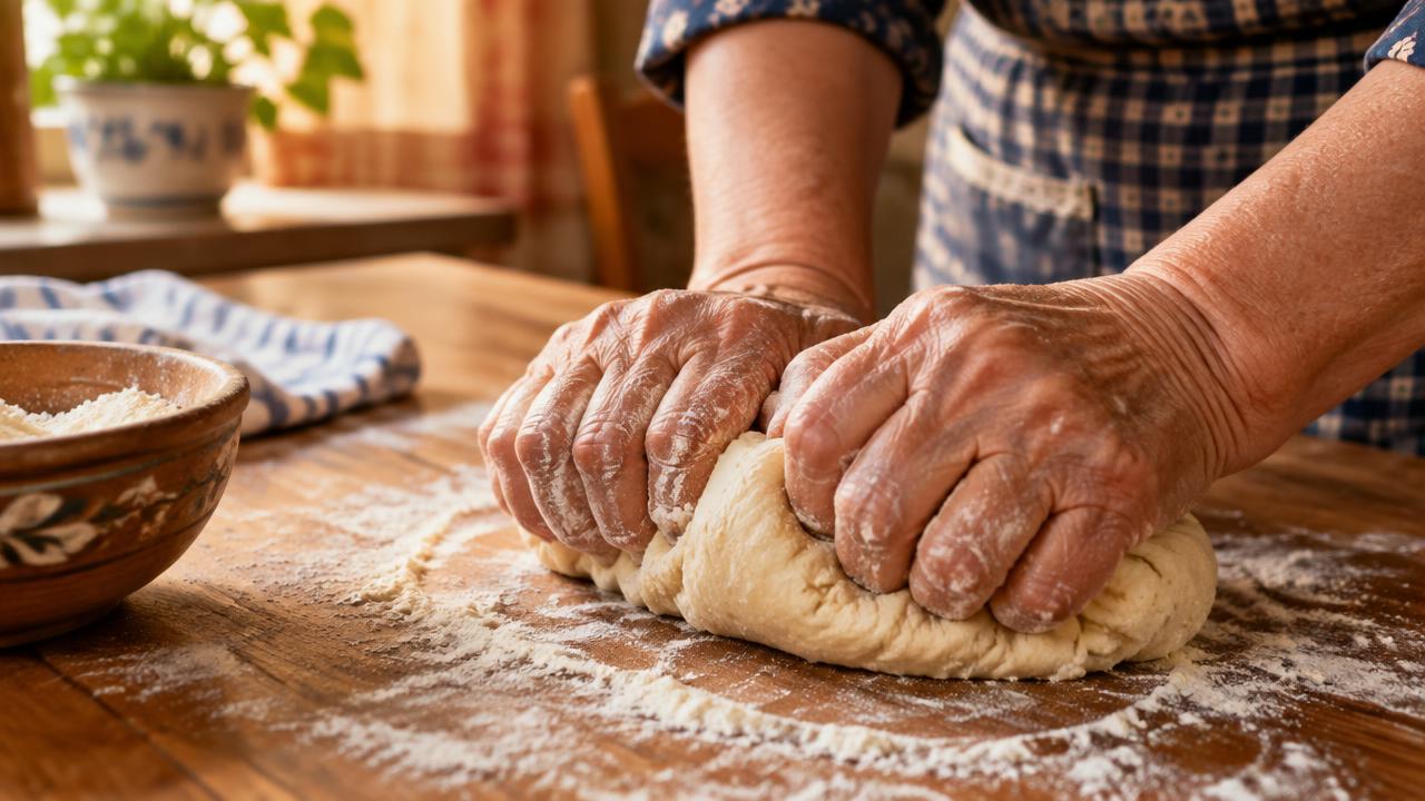 Mains d'une grand-mère pétrissant une pâte sur une table farinée