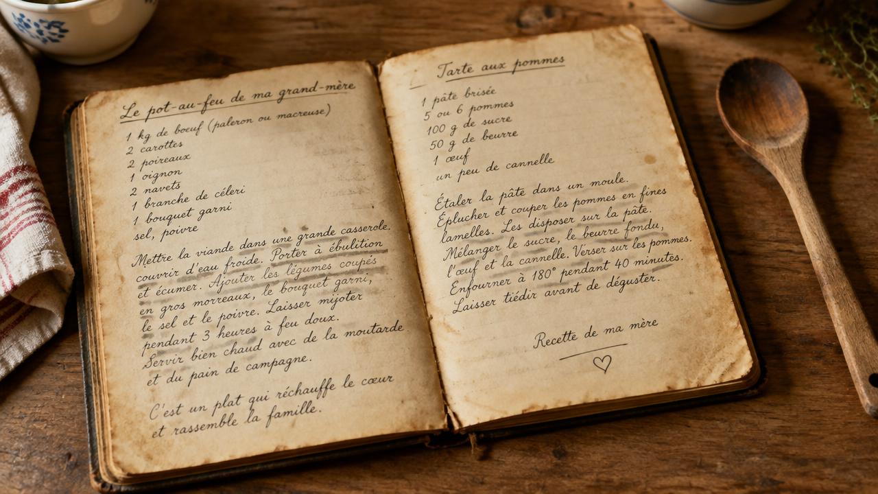 Ancien cahier de recettes manuscrites sur une table en bois